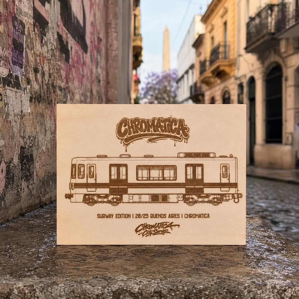 Buenos Aires Graffiti Train Template on Birch Wood, Engraved A4 Art Board, Limited Collector Edition with Certificate