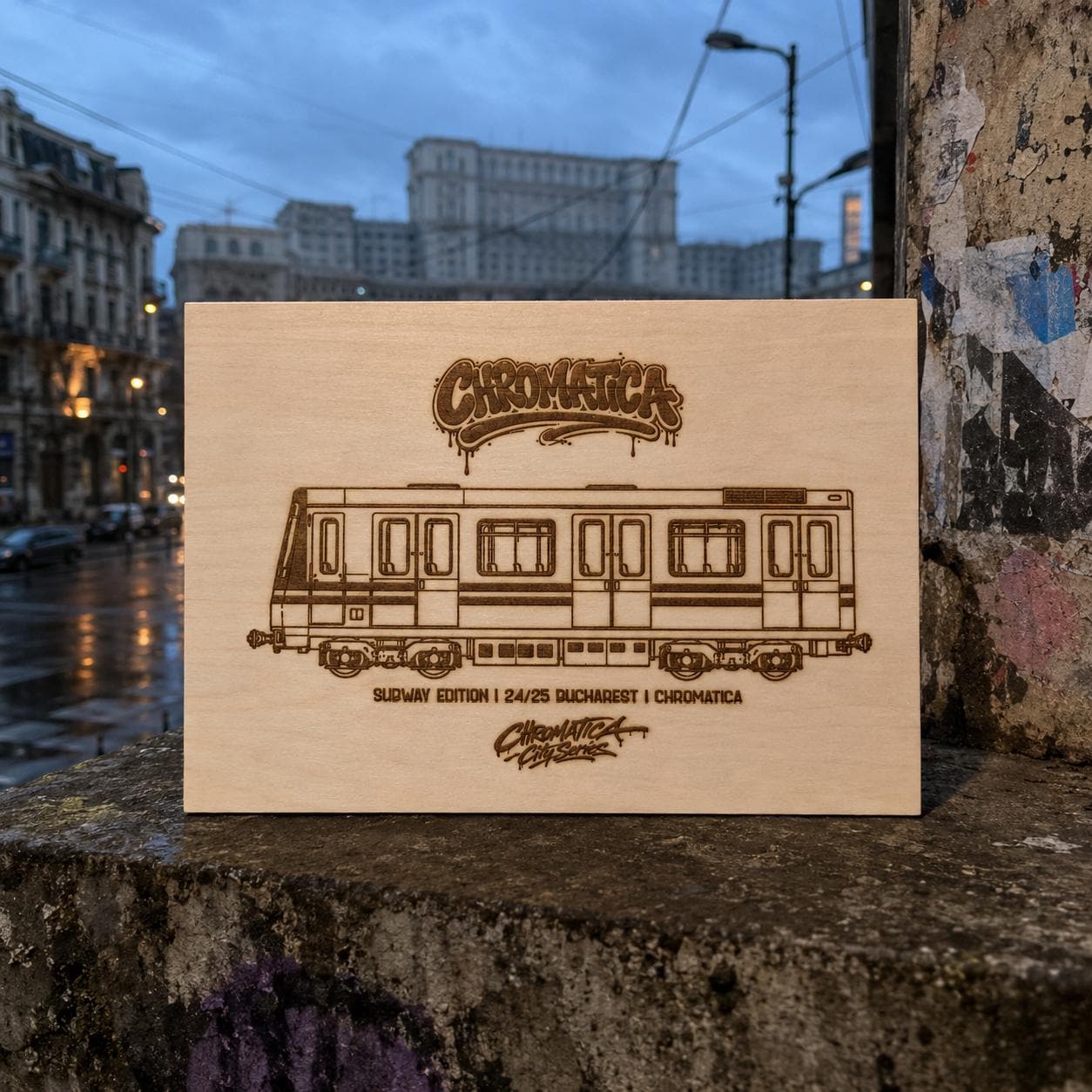 Bucharest Graffiti Train Template on Birch Wood, Engraved A4 Art Board, Limited Collector Edition with Certificate