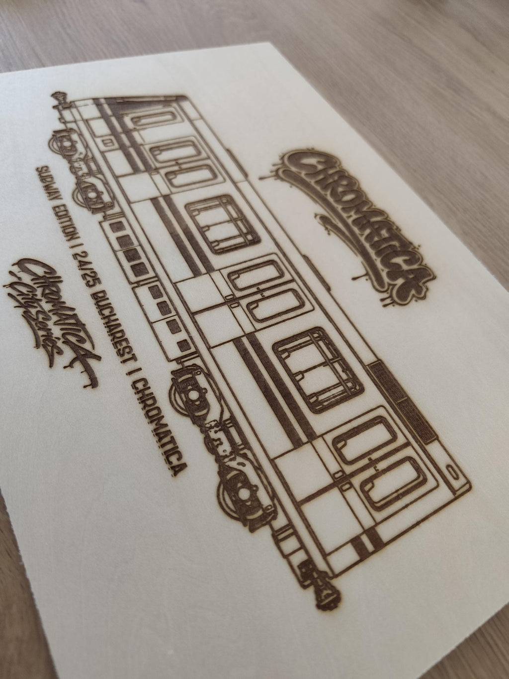 Bucharest Graffiti Train Template on Birch Wood, Engraved A4 Art Board, Limited Collector Edition with Certificate