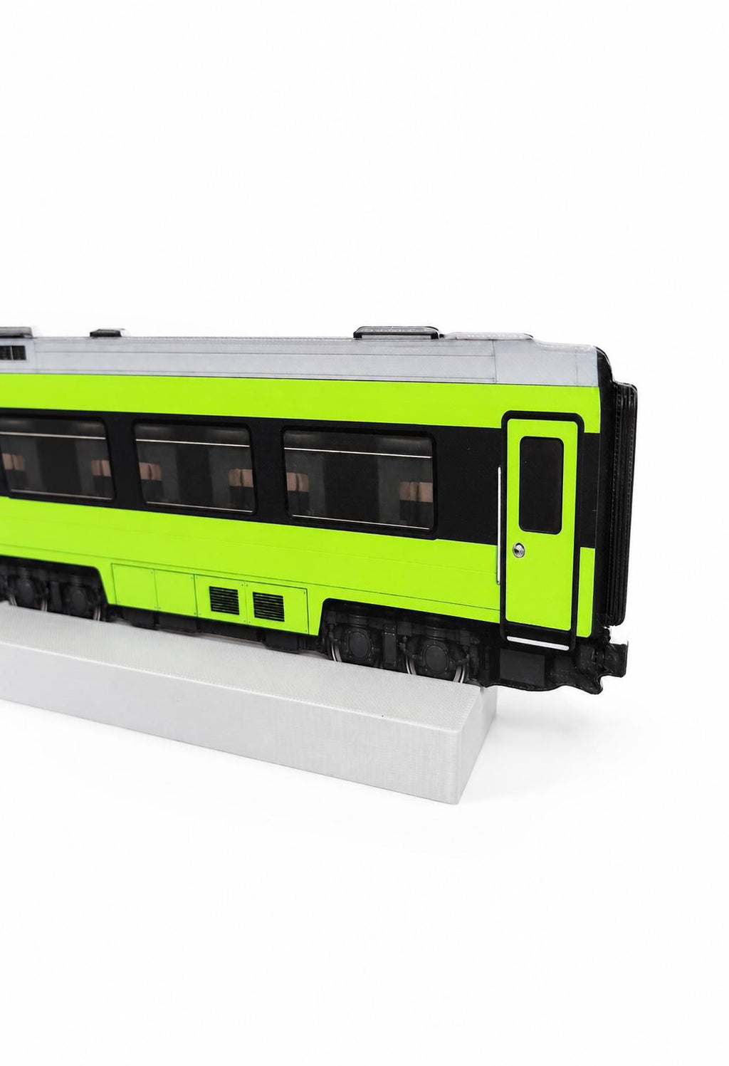Lime Green Train Graffiti Practice Coach, 3D Printed Long Distance Rail Art, Paintable with Acrylic Markers, 20x10 cm