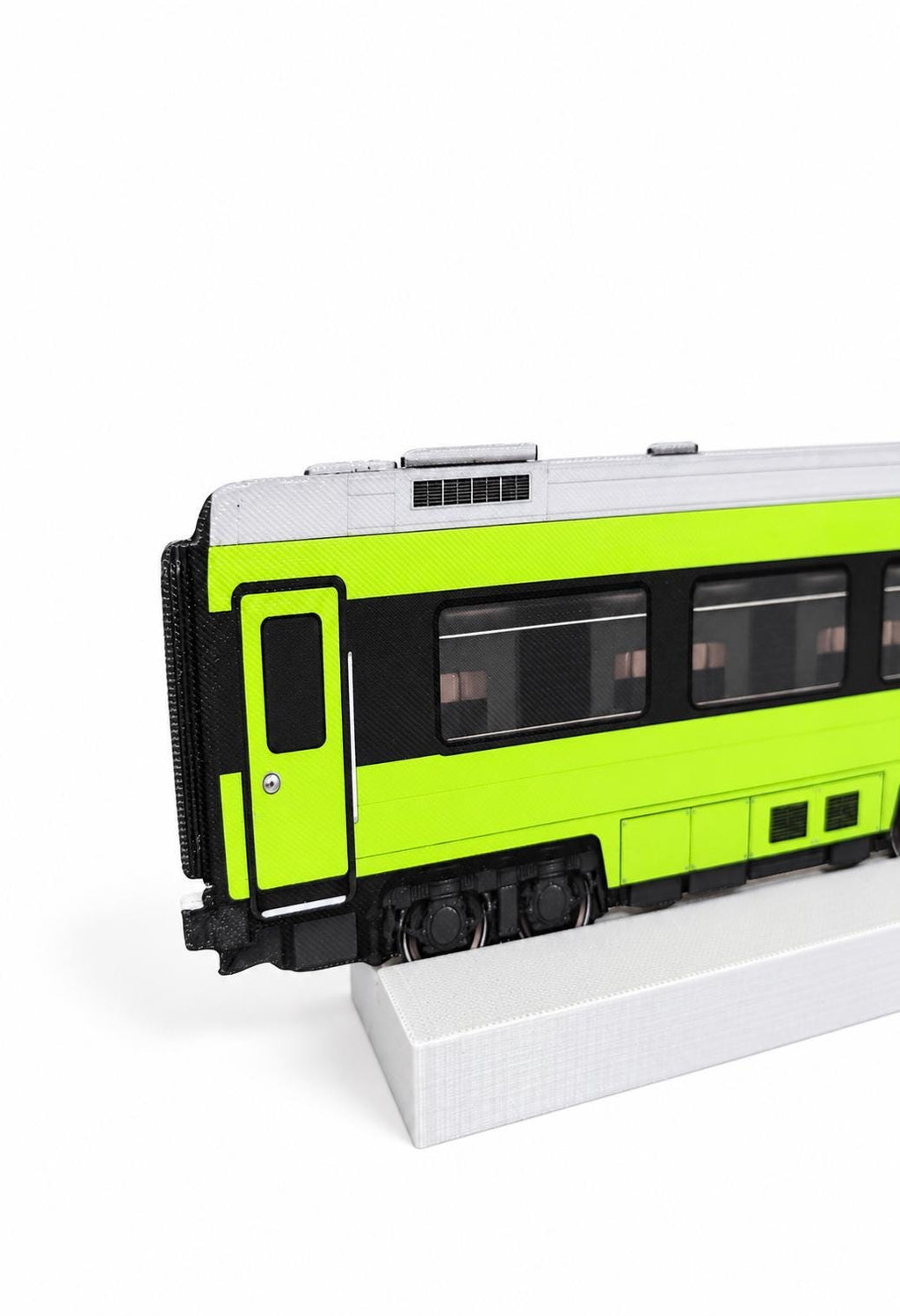 Lime Green Train Graffiti Practice Coach, 3D Printed Long Distance Rail Art, Paintable with Acrylic Markers, 20x10 cm