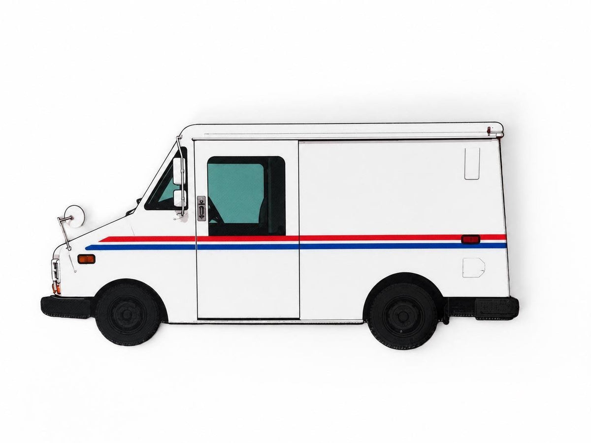 Graffiti Practice White Postal Truck, 3D Printed Mail Truck, Paintable with Acrylic Markers, Urban Art Collectible, 20x10 cm