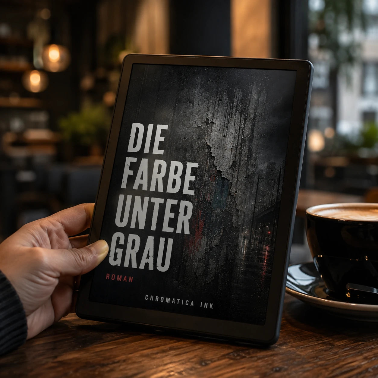 Die Farbe unter Grau eBook in a modern cafe