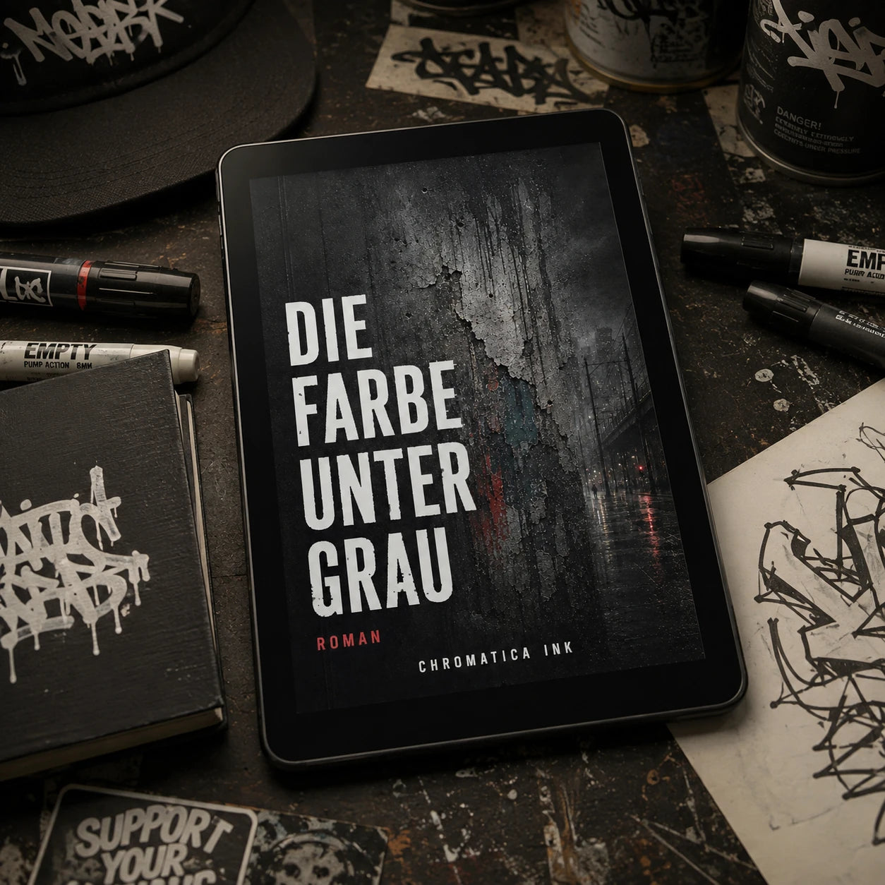 Die Farbe unter Grau eBook on a graffiti writer desk