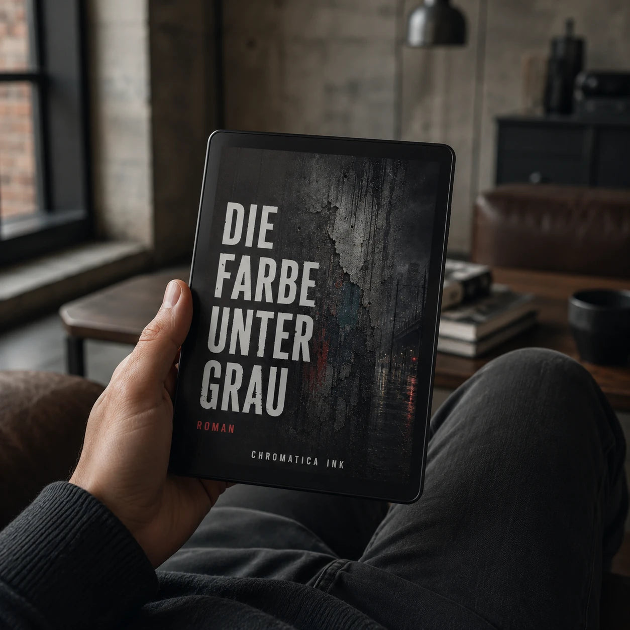 Die Farbe unter Grau eBook in a modern industrial living room