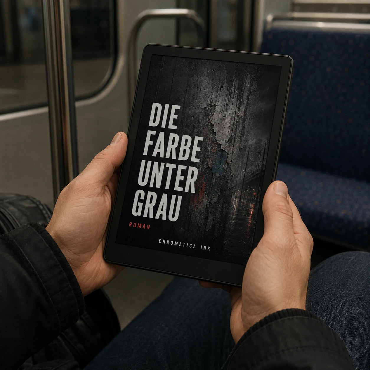 Die Farbe unter Grau eBook on an e-reader in a subway