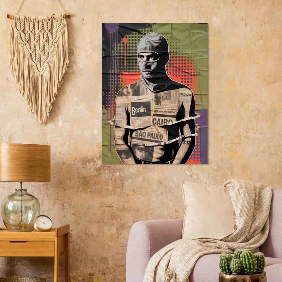 Urban Vandal Kunstdruck – Männlicher Graffiti Sprayer mit Sturmhaube | Streetart Halftone Poster | Schwarz-Weiß Urban Art Wandbild