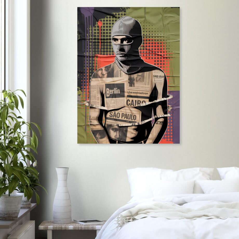 Urban Vandal Kunstdruck – Männlicher Graffiti Sprayer mit Sturmhaube | Streetart Halftone Poster | Schwarz-Weiß Urban Art Wandbild