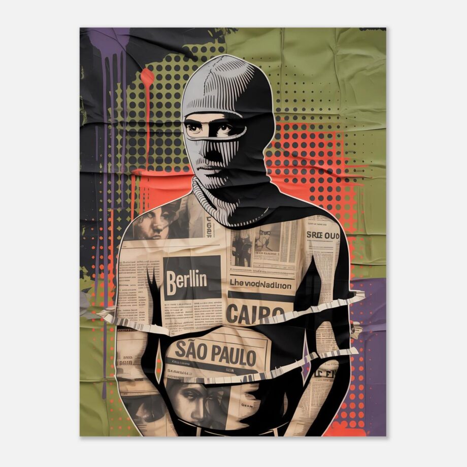 Urban Vandal Kunstdruck – Männlicher Graffiti Sprayer mit Sturmhaube | Streetart Halftone Poster | Schwarz-Weiß Urban Art Wandbild