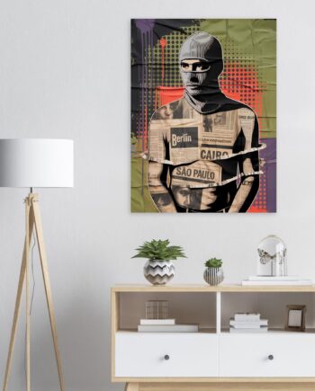 Urban Vandal Kunstdruck – Männlicher Graffiti Sprayer mit Sturmhaube | Streetart Halftone Poster | Schwarz-Weiß Urban Art Wandbild