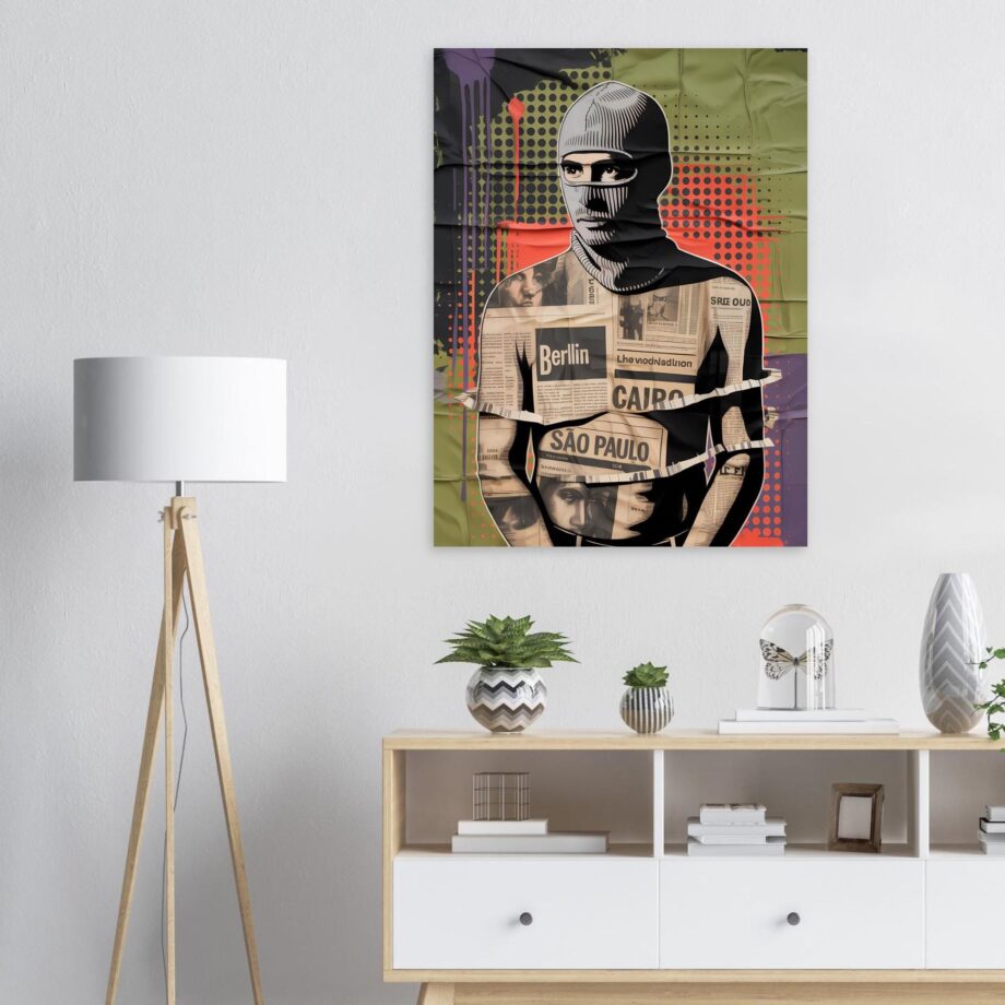 Urban Vandal Kunstdruck – Männlicher Graffiti Sprayer mit Sturmhaube | Streetart Halftone Poster | Schwarz-Weiß Urban Art Wandbild
