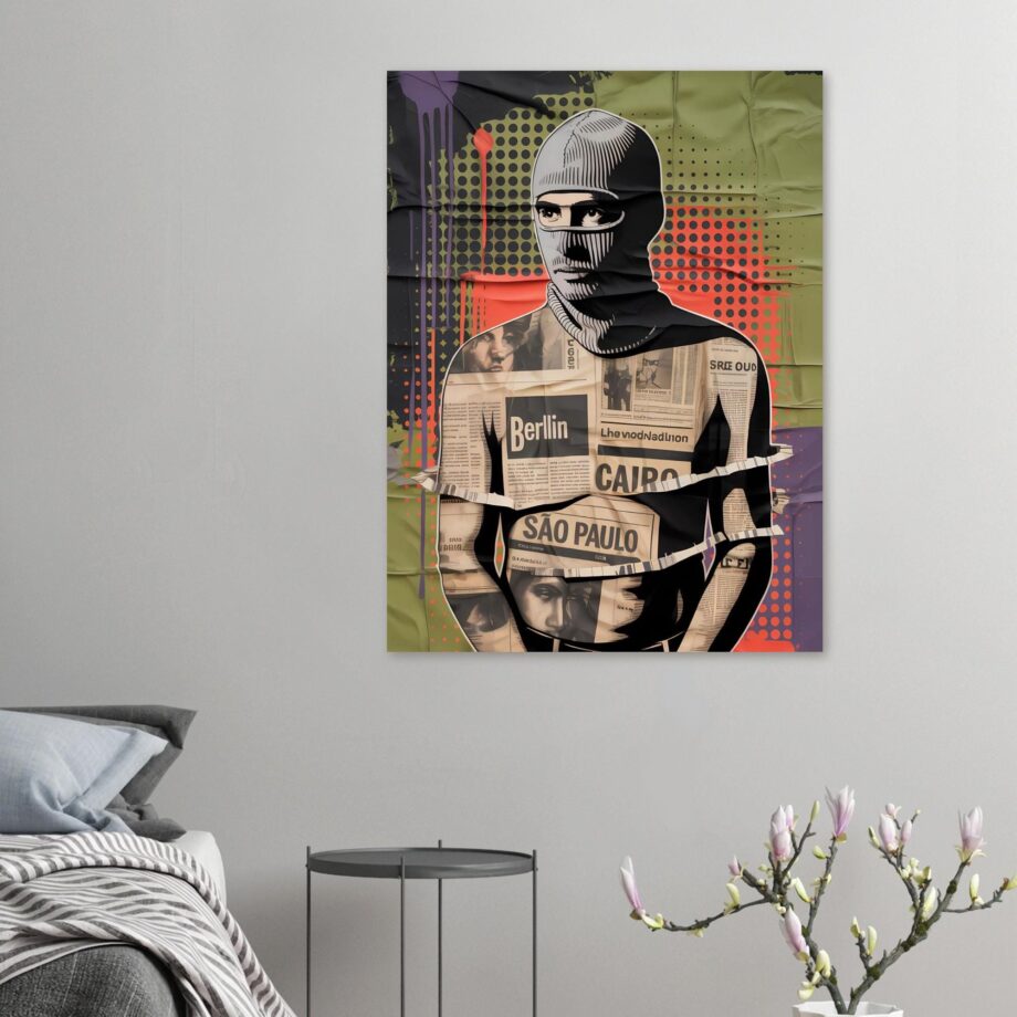 Urban Vandal Kunstdruck – Männlicher Graffiti Sprayer mit Sturmhaube | Streetart Halftone Poster | Schwarz-Weiß Urban Art Wandbild