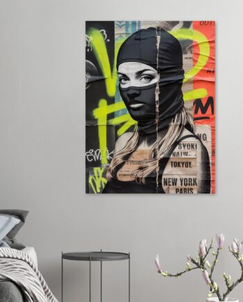 Female Urban Vandal Kunstdruck – Weibliche Graffiti Sprayerin mit Sturmhaube | Streetart Halftone Poster | Schwarz-Weiß Wandkunst