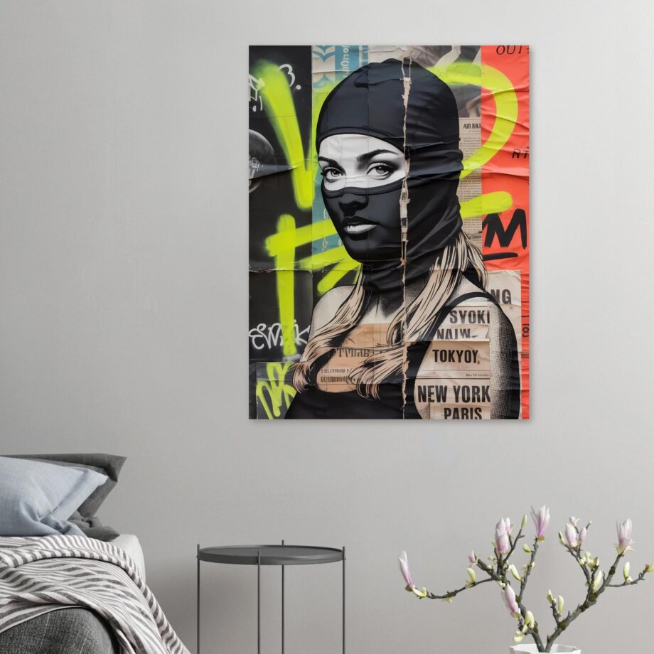 Female Urban Vandal Kunstdruck – Weibliche Graffiti Sprayerin mit Sturmhaube | Streetart Halftone Poster | Schwarz-Weiß Wandkunst