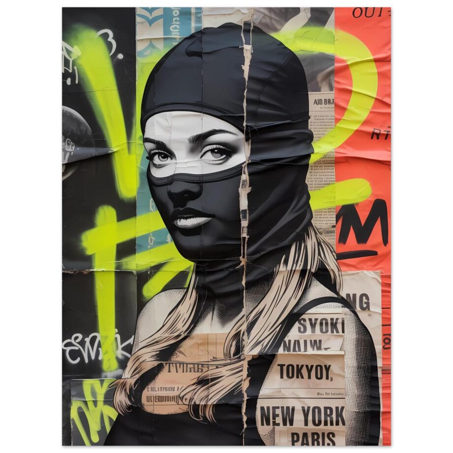 Female Urban Vandal Kunstdruck – Weibliche Graffiti Sprayerin mit Sturmhaube | Streetart Halftone Poster | Schwarz-Weiß Wandkunst