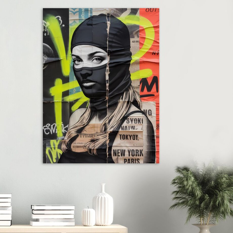 Female Urban Vandal Kunstdruck – Weibliche Graffiti Sprayerin mit Sturmhaube | Streetart Halftone Poster | Schwarz-Weiß Wandkunst