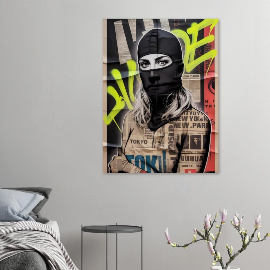 Female Vandal Streetart Print – Weibliche Graffiti Sprayerin mit Sturmhaube | Urban Halftone Poster | Schwarz-Weiß Wandbild