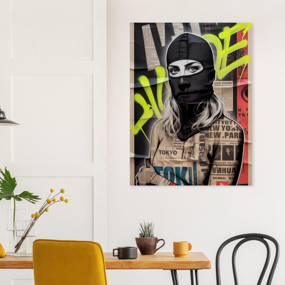 Female Vandal Streetart Print – Weibliche Graffiti Sprayerin mit Sturmhaube | Urban Halftone Poster | Schwarz-Weiß Wandbild