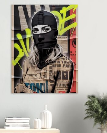 Female Vandal Streetart Print – Weibliche Graffiti Sprayerin mit Sturmhaube | Urban Halftone Poster | Schwarz-Weiß Wandbild
