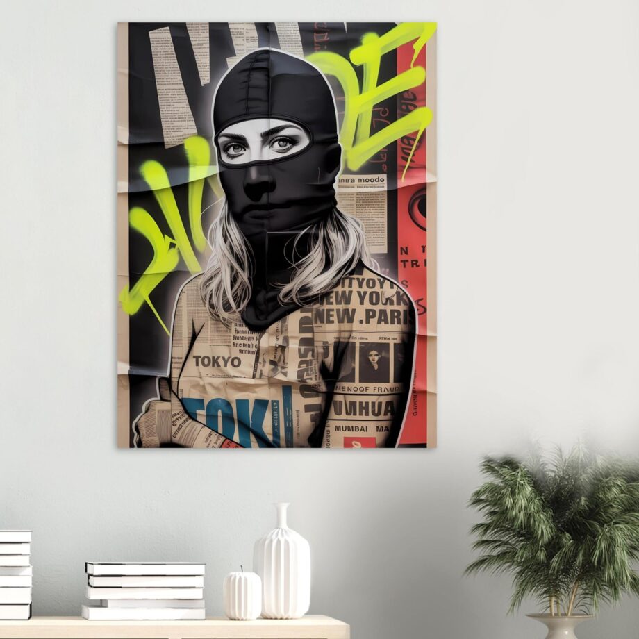 Female Vandal Streetart Print – Weibliche Graffiti Sprayerin mit Sturmhaube | Urban Halftone Poster | Schwarz-Weiß Wandbild