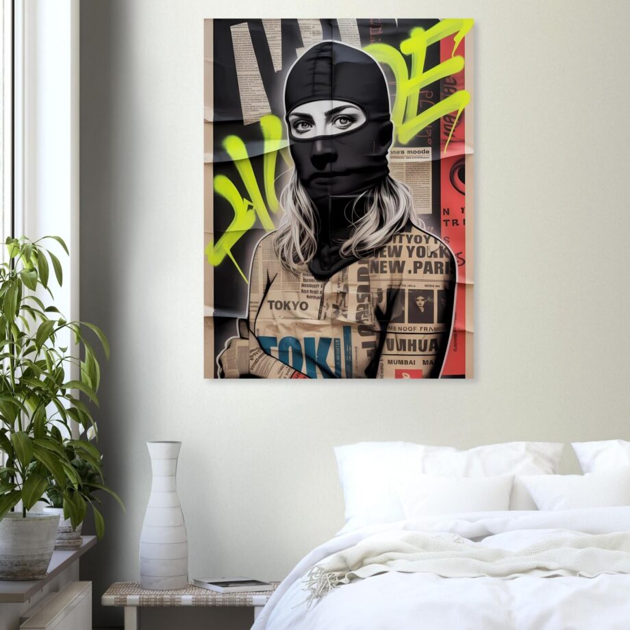 Female Vandal Streetart Print – Weibliche Graffiti Sprayerin mit Sturmhaube | Urban Halftone Poster | Schwarz-Weiß Wandbild