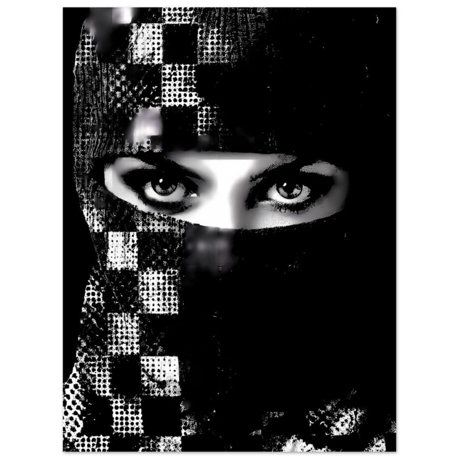 Graffiti Sprayerin Porträt – Weiblicher Streetart Kunstdruck im Schachbrett-Design | Urban Art Poster | Schwarz-Weiß Halftone Print