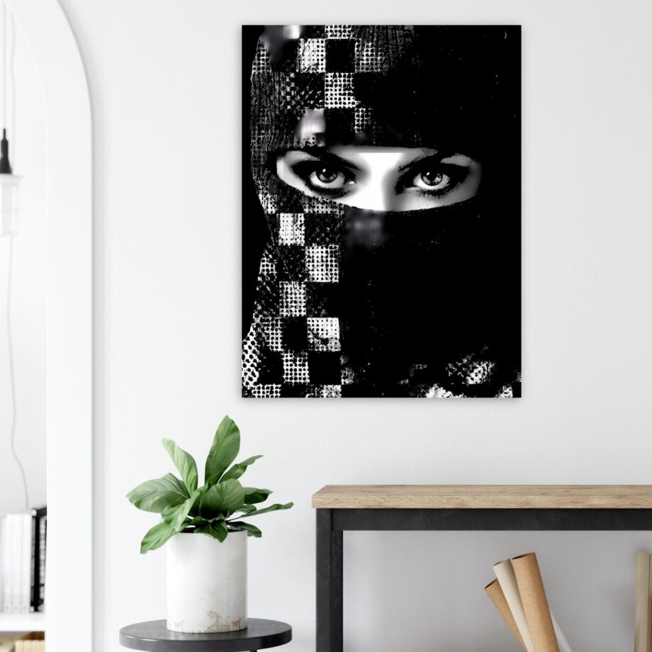 Graffiti Sprayerin Porträt – Weiblicher Streetart Kunstdruck im Schachbrett-Design | Urban Art Poster | Schwarz-Weiß Halftone Print