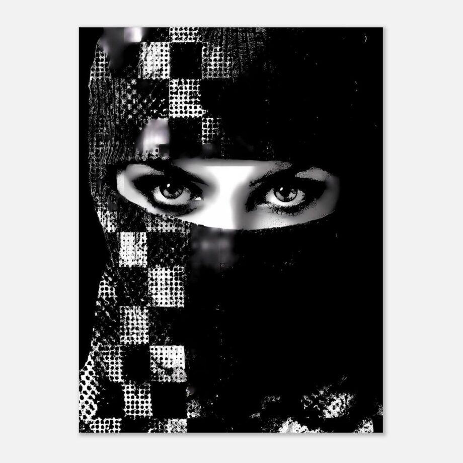 Graffiti Sprayerin Porträt – Weiblicher Streetart Kunstdruck im Schachbrett-Design | Urban Art Poster | Schwarz-Weiß Halftone Print