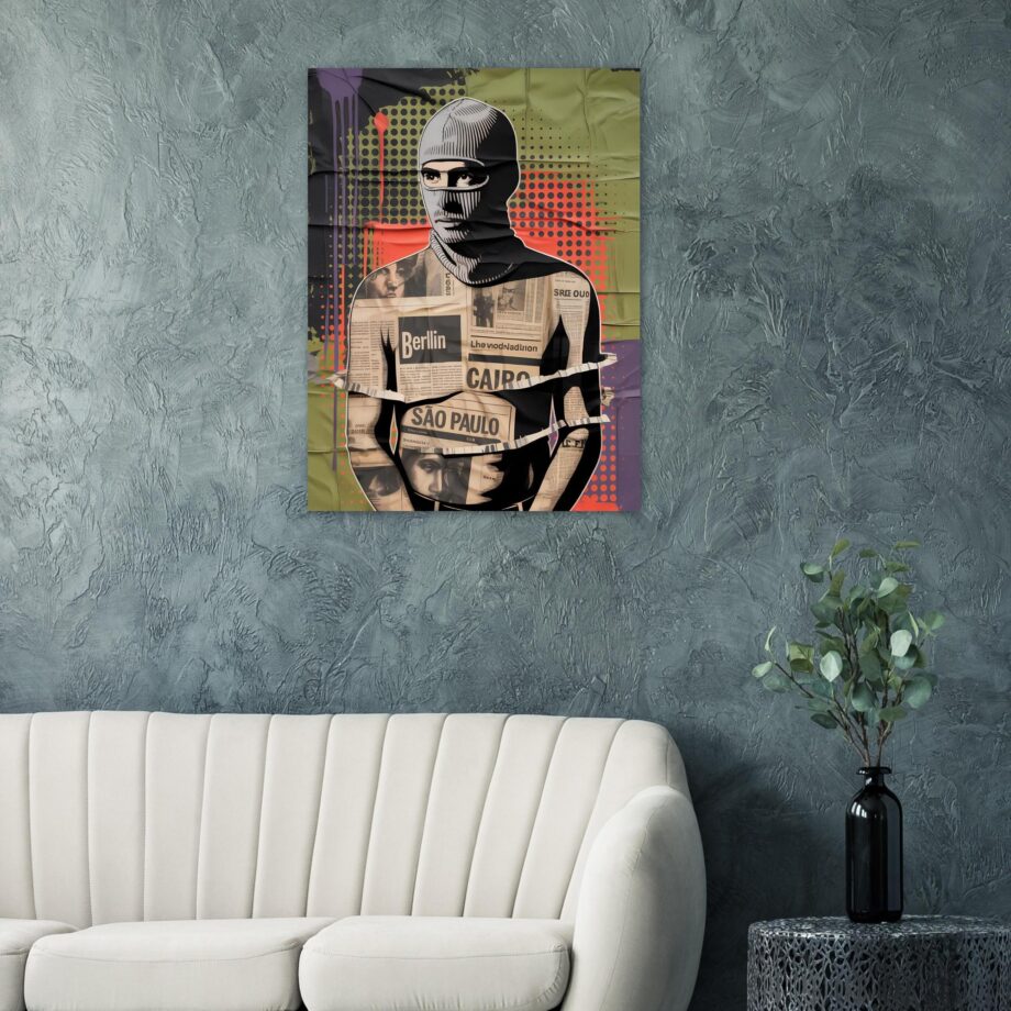 Urban Vandal Kunstdruck – Männlicher Graffiti Sprayer mit Sturmhaube | Streetart Halftone Poster | Schwarz-Weiß Urban Art Wandbild
