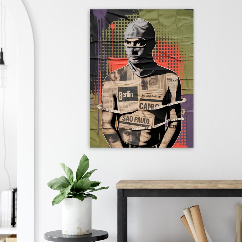 Urban Vandal Kunstdruck – Männlicher Graffiti Sprayer mit Sturmhaube | Streetart Halftone Poster | Schwarz-Weiß Urban Art Wandbild