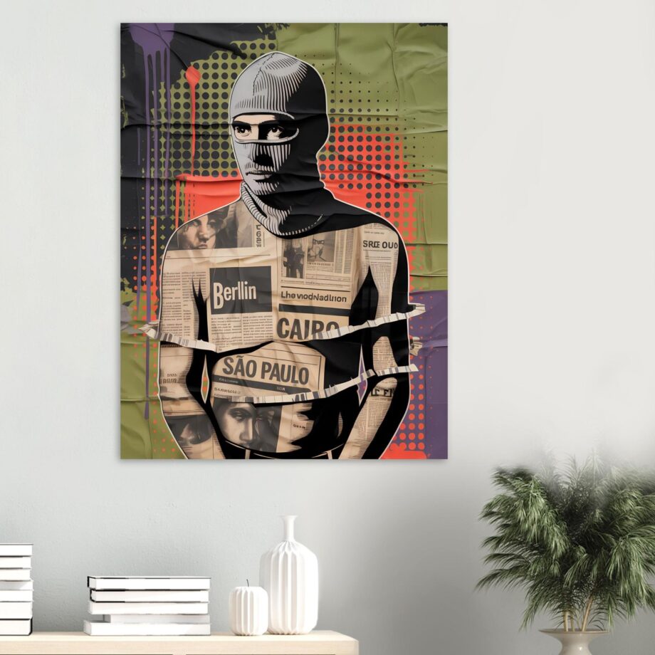 Urban Vandal Kunstdruck – Männlicher Graffiti Sprayer mit Sturmhaube | Streetart Halftone Poster | Schwarz-Weiß Urban Art Wandbild