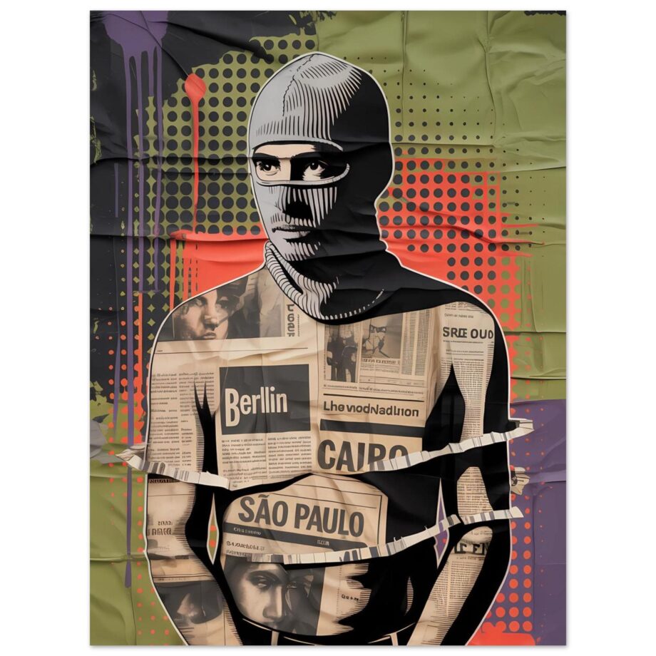 Urban Vandal Kunstdruck – Männlicher Graffiti Sprayer mit Sturmhaube | Streetart Halftone Poster | Schwarz-Weiß Urban Art Wandbild