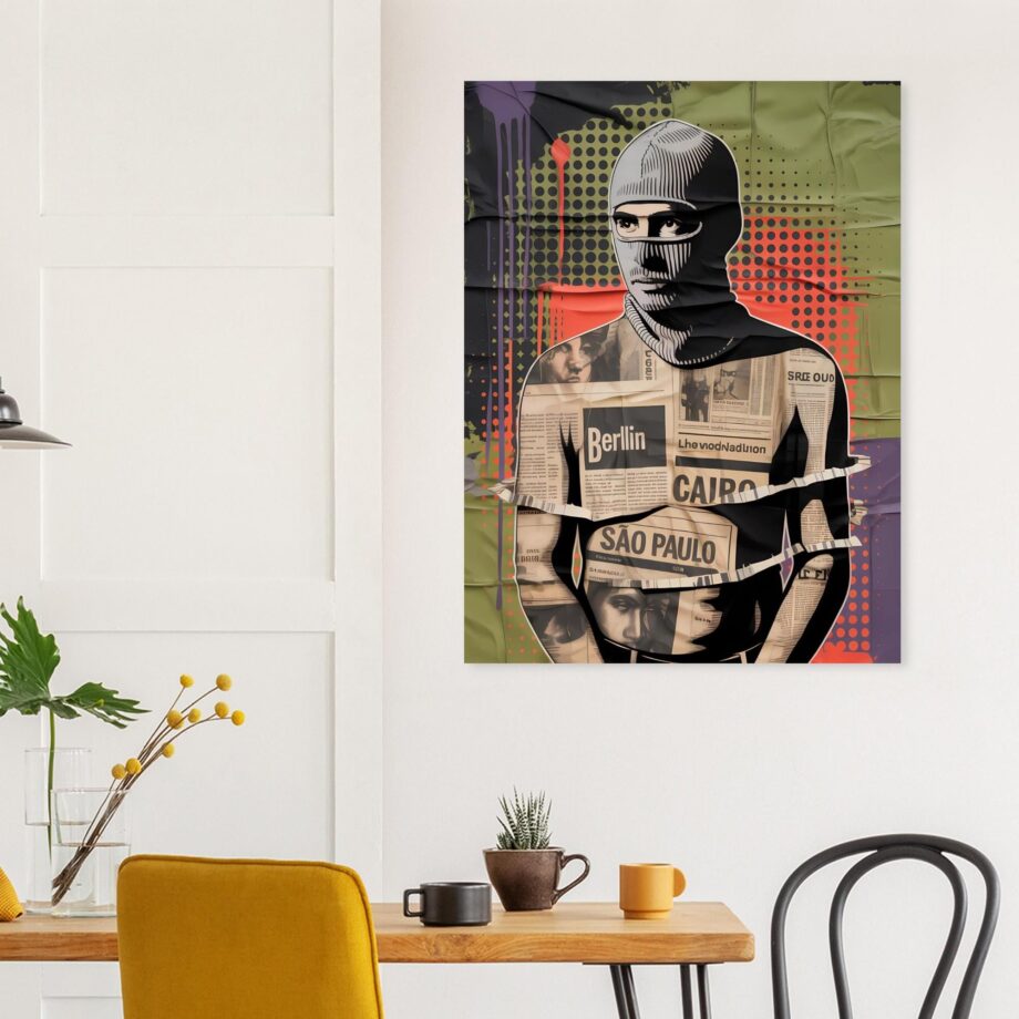 Urban Vandal Kunstdruck – Männlicher Graffiti Sprayer mit Sturmhaube | Streetart Halftone Poster | Schwarz-Weiß Urban Art Wandbild