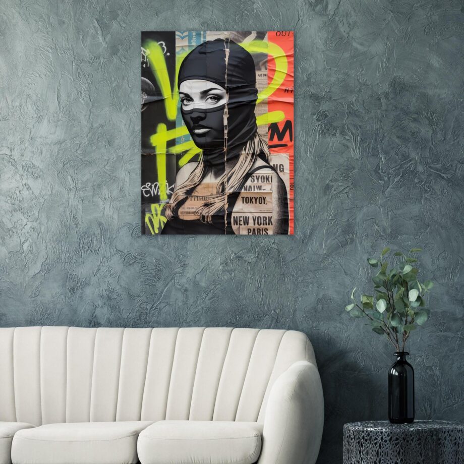 Female Urban Vandal Kunstdruck – Weibliche Graffiti Sprayerin mit Sturmhaube | Streetart Halftone Poster | Schwarz-Weiß Wandkunst