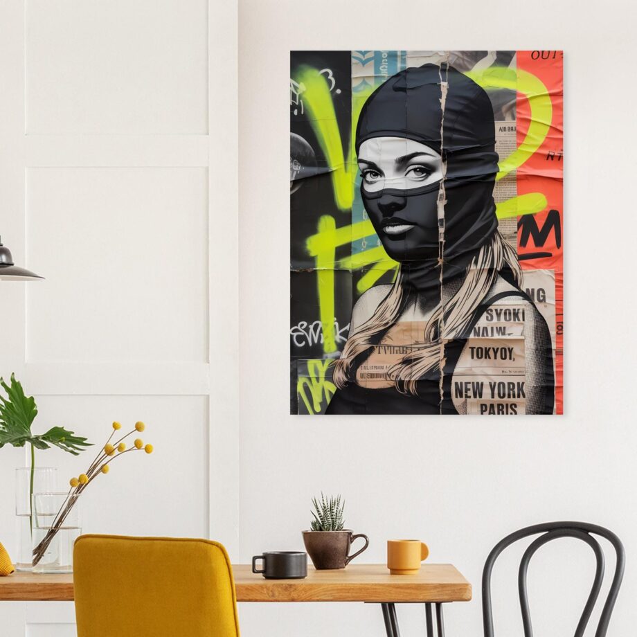 Female Urban Vandal Kunstdruck – Weibliche Graffiti Sprayerin mit Sturmhaube | Streetart Halftone Poster | Schwarz-Weiß Wandkunst