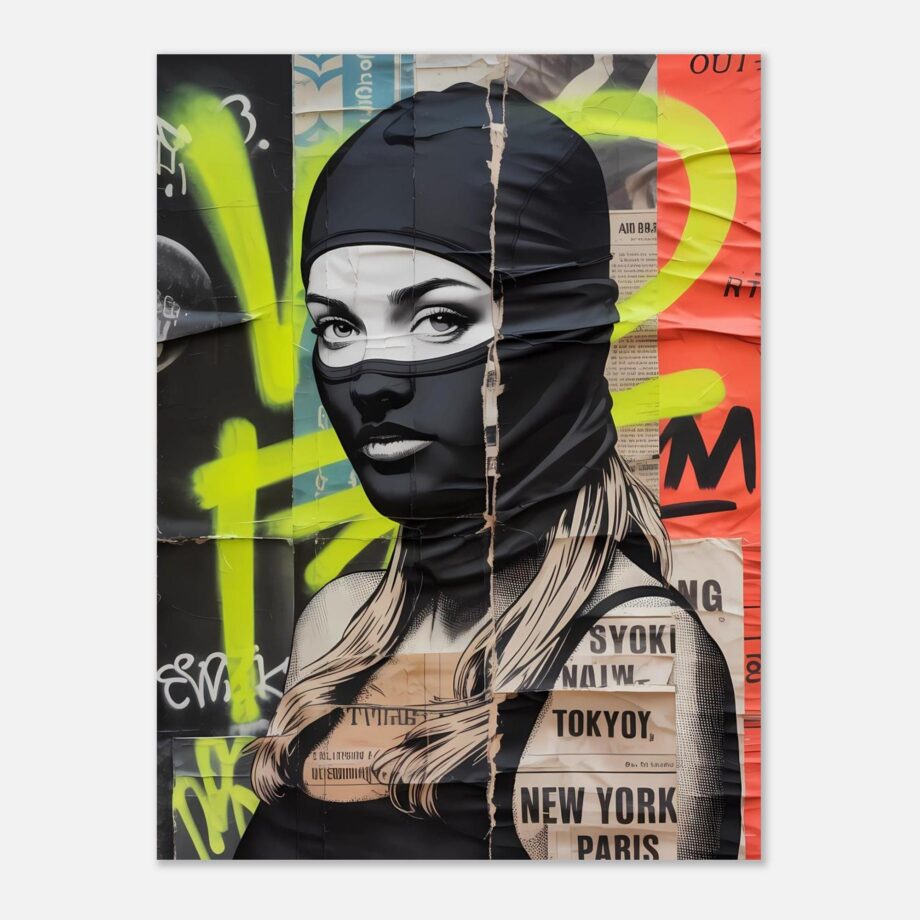 Female Urban Vandal Kunstdruck – Weibliche Graffiti Sprayerin mit Sturmhaube | Streetart Halftone Poster | Schwarz-Weiß Wandkunst