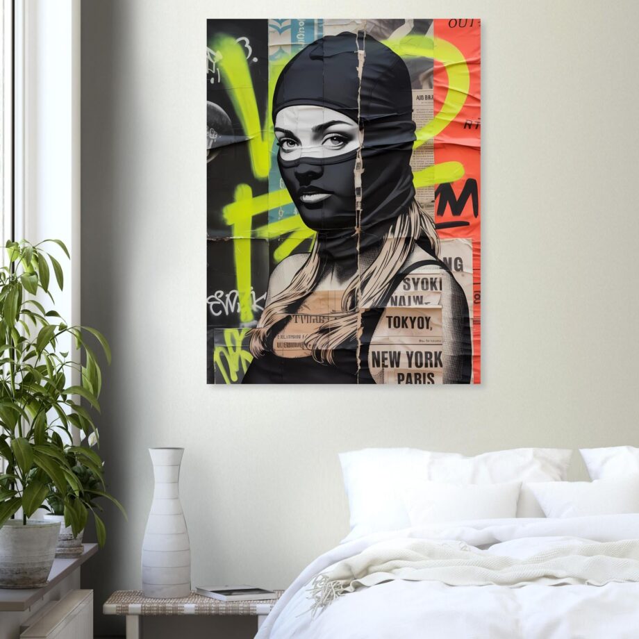 Female Urban Vandal Kunstdruck – Weibliche Graffiti Sprayerin mit Sturmhaube | Streetart Halftone Poster | Schwarz-Weiß Wandkunst