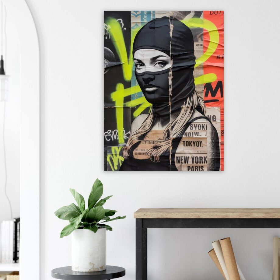 Female Urban Vandal Kunstdruck – Weibliche Graffiti Sprayerin mit Sturmhaube | Streetart Halftone Poster | Schwarz-Weiß Wandkunst