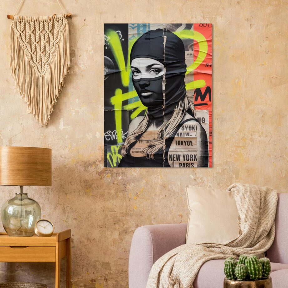 Female Urban Vandal Kunstdruck – Weibliche Graffiti Sprayerin mit Sturmhaube | Streetart Halftone Poster | Schwarz-Weiß Wandkunst
