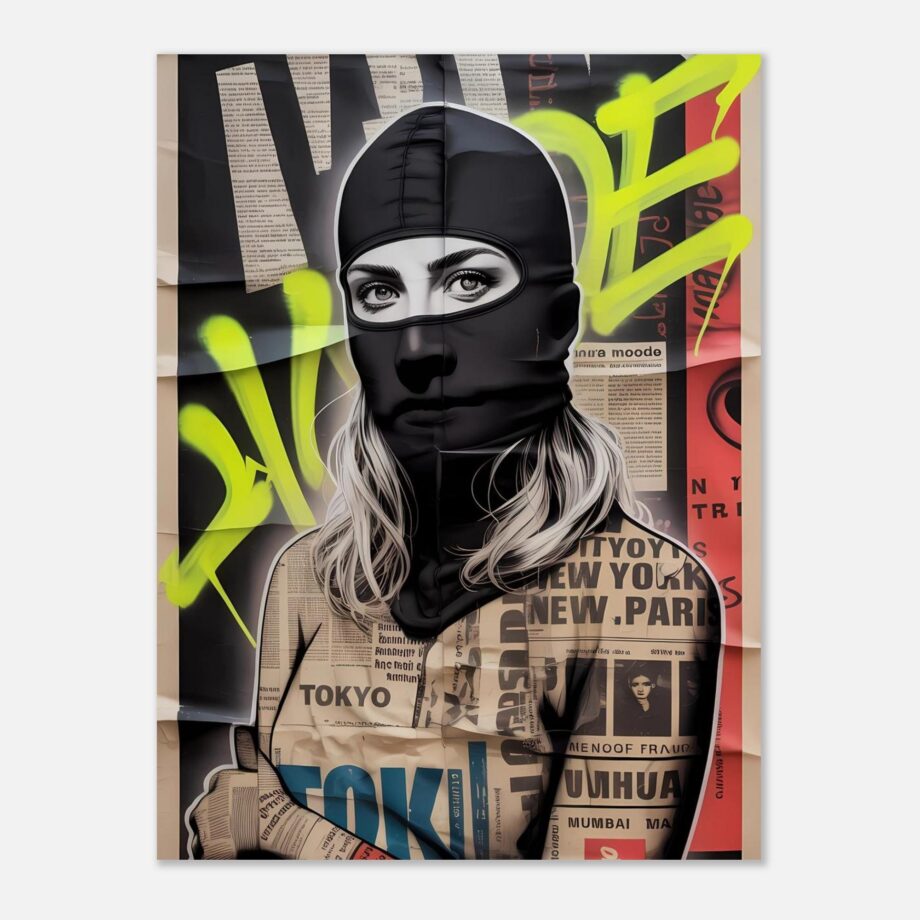 Female Vandal Streetart Print – Weibliche Graffiti Sprayerin mit Sturmhaube | Urban Halftone Poster | Schwarz-Weiß Wandbild