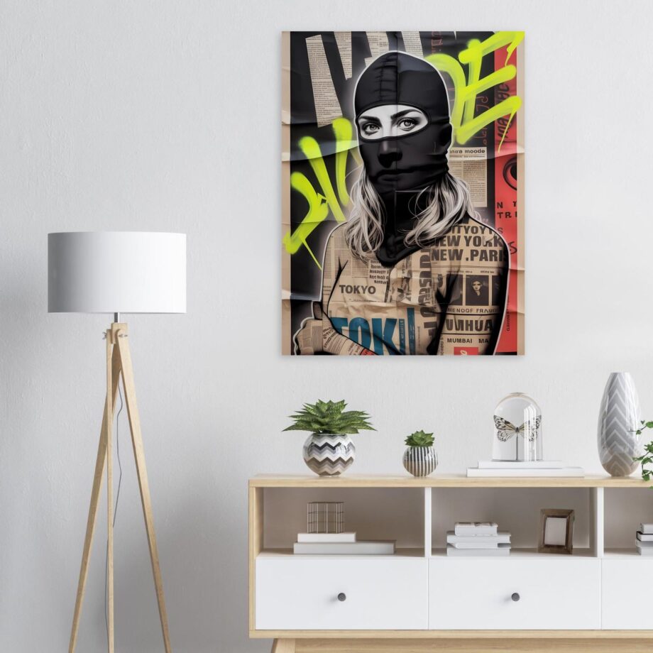 Female Vandal Streetart Print – Weibliche Graffiti Sprayerin mit Sturmhaube | Urban Halftone Poster | Schwarz-Weiß Wandbild
