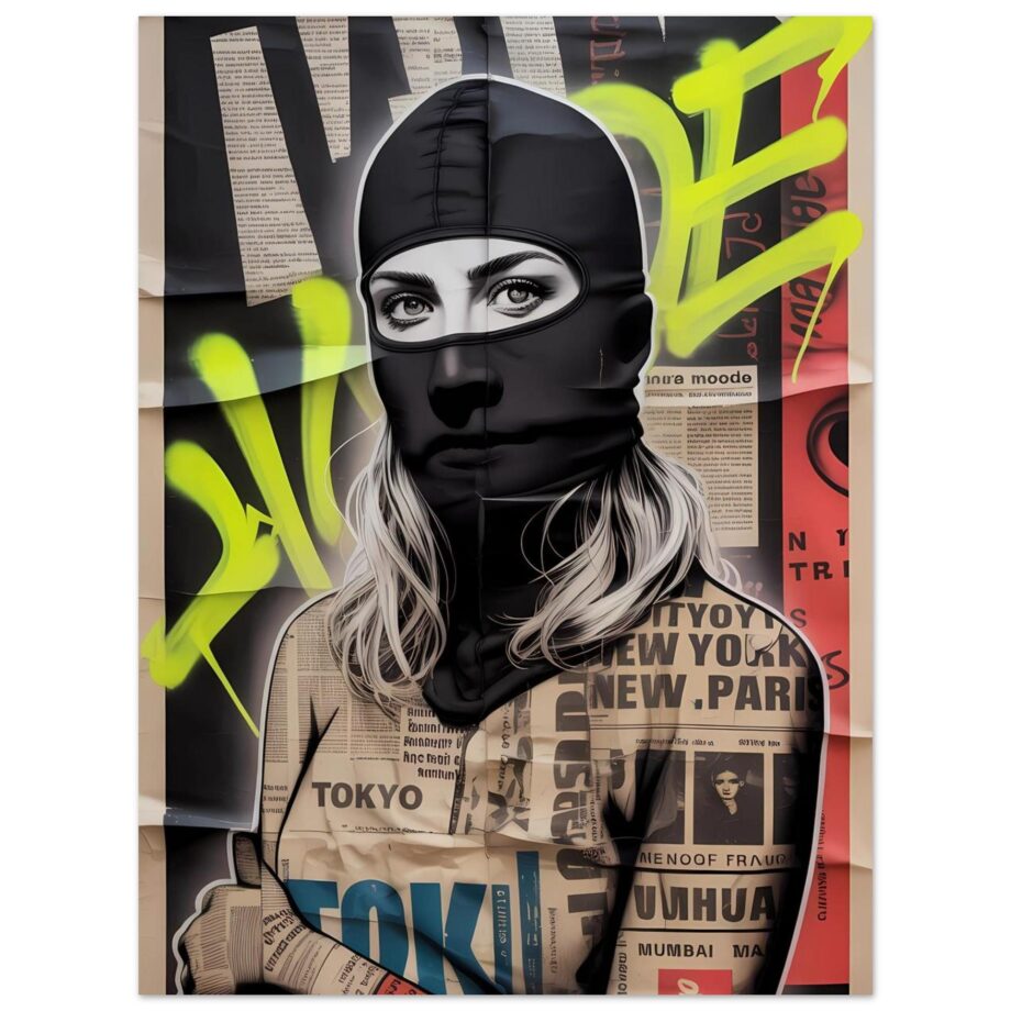 Female Vandal Streetart Print – Weibliche Graffiti Sprayerin mit Sturmhaube | Urban Halftone Poster | Schwarz-Weiß Wandbild