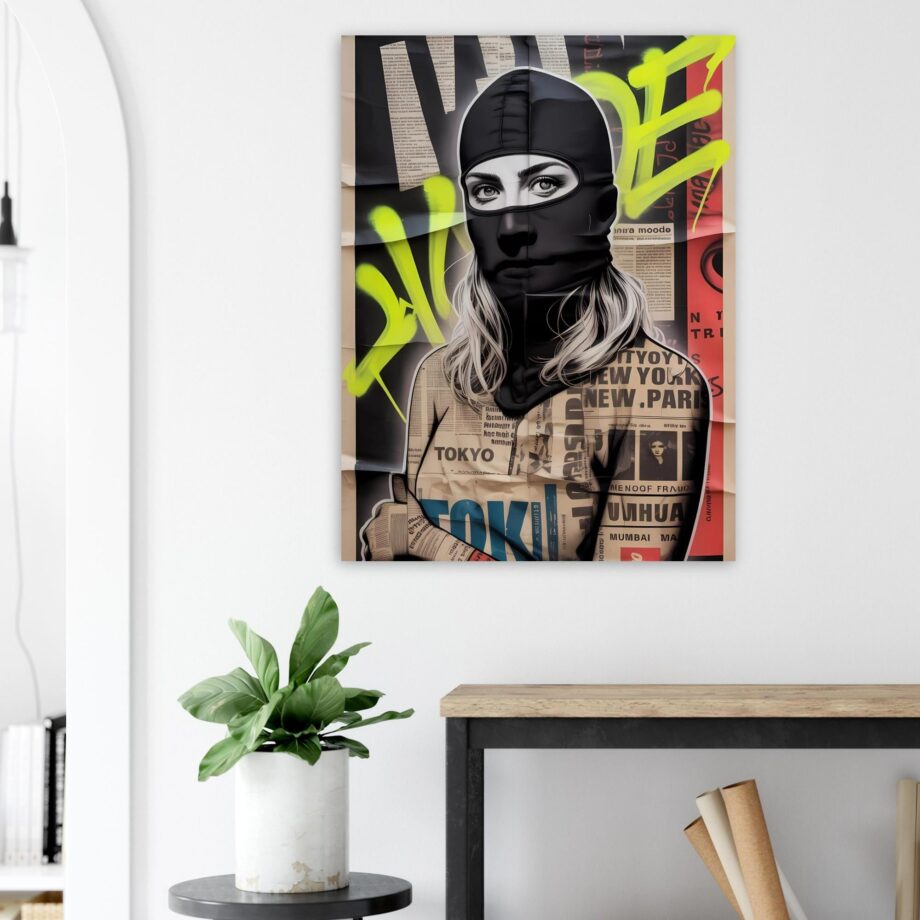 Female Vandal Streetart Print – Weibliche Graffiti Sprayerin mit Sturmhaube | Urban Halftone Poster | Schwarz-Weiß Wandbild