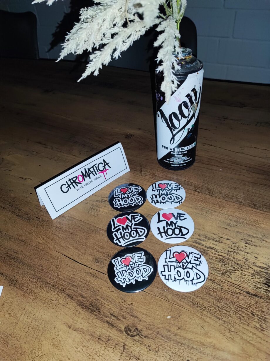 LOVE MY HOOD Button Set – Streetart Anstecker 58mm | Graffiti Badge im Hip-Hop Style | Statement Accessoire | Handmade