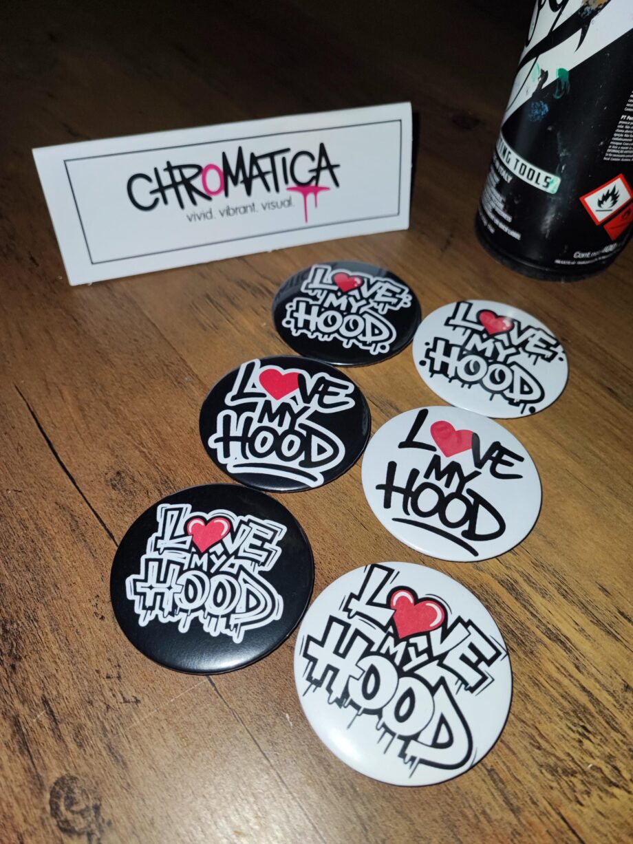 LOVE MY HOOD Button Set – Streetart Anstecker 58mm | Graffiti Badge im Hip-Hop Style | Statement Accessoire | Handmade
